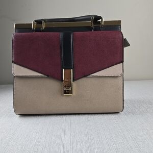 Aldo Women Colorblock Satchel Bag Burgundy Black‎ Beige Gold Hardware Crossbody